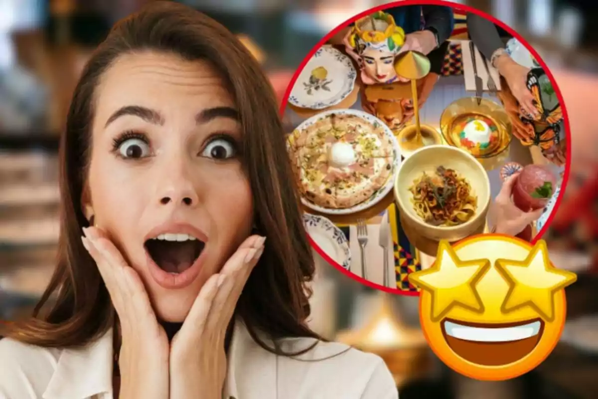 Una mujer con expresión de sorpresa y un emoji con ojos de estrellas, junto a una imagen circular de varios platos de comida.