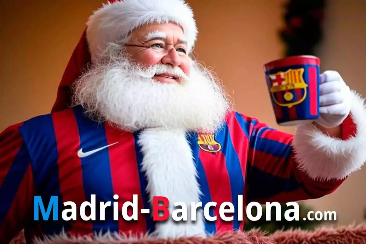 Santa Claus dressed in an FC Barcelona outfit holding a mug with the team's crest.