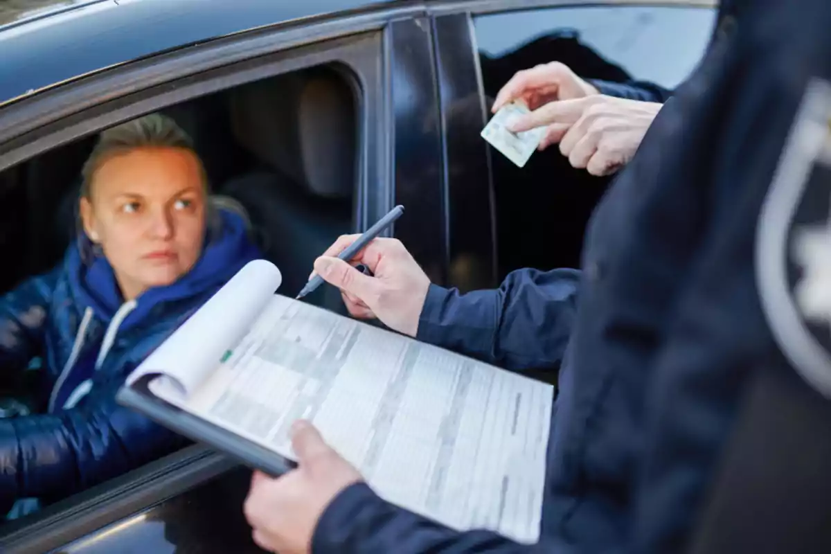 Una mujer dentro de un auto observa a un oficial que sostiene una libreta y un bolígrafo mientras recibe una identificación