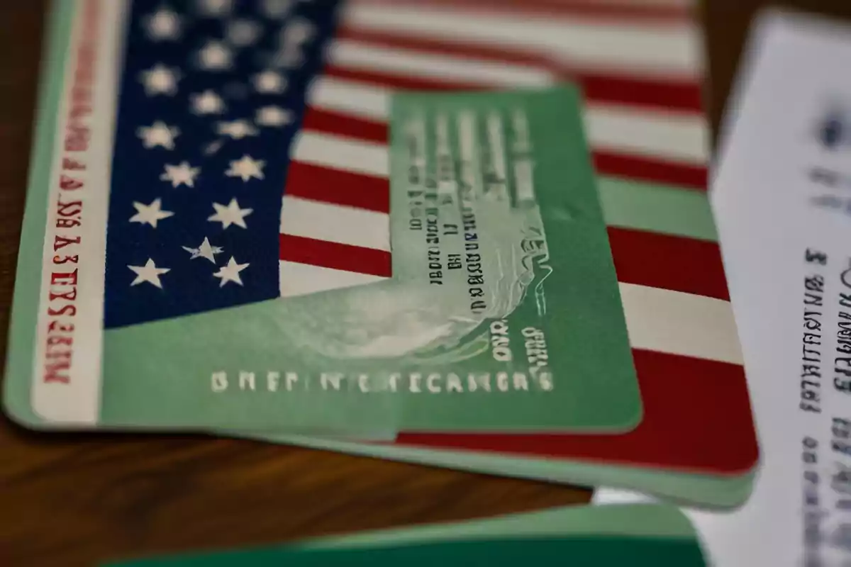 Tarjeta de residencia permanente de Estados Unidos sobre una superficie con la bandera estadounidense de fondo