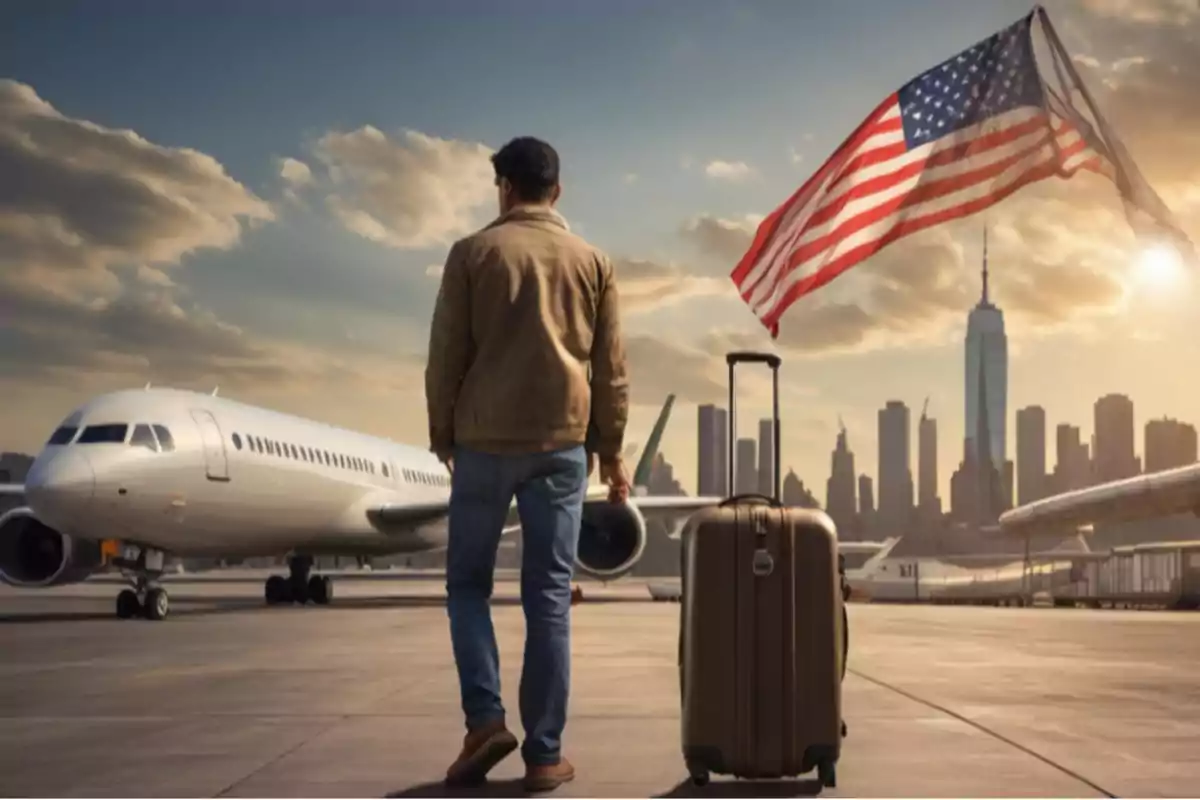Hombre con maleta en un aeropuerto junto a un avión y una bandera de Estados Unidos con la ciudad al fondo al atardecer Hombre con maleta en un aeropuerto junto a un avión y una bandera de Estados Unidos con la ciudad al fondo al atardecer