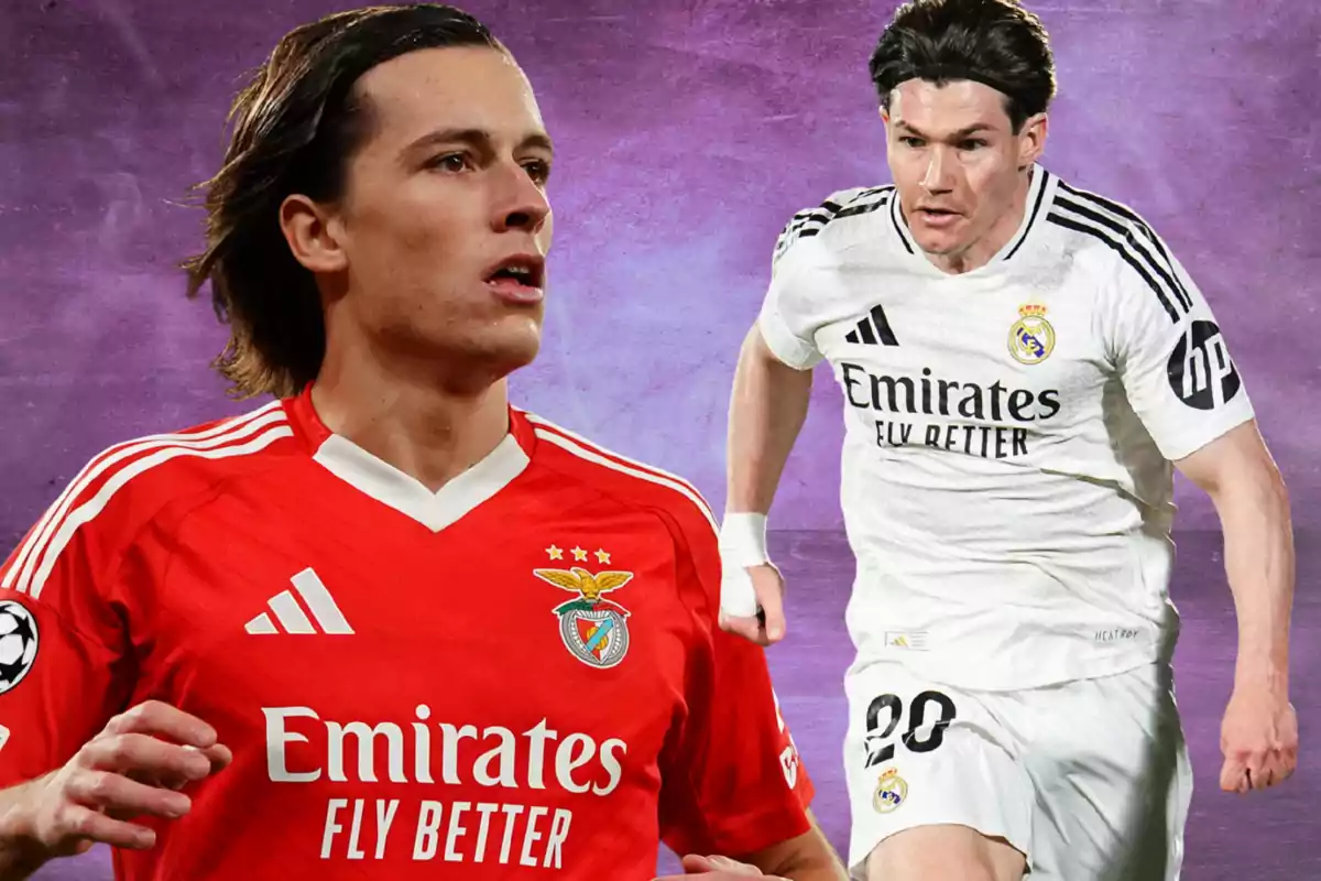 Dos futbolistas con uniforme de Benfica y Real Madrid sobre un fondo morado