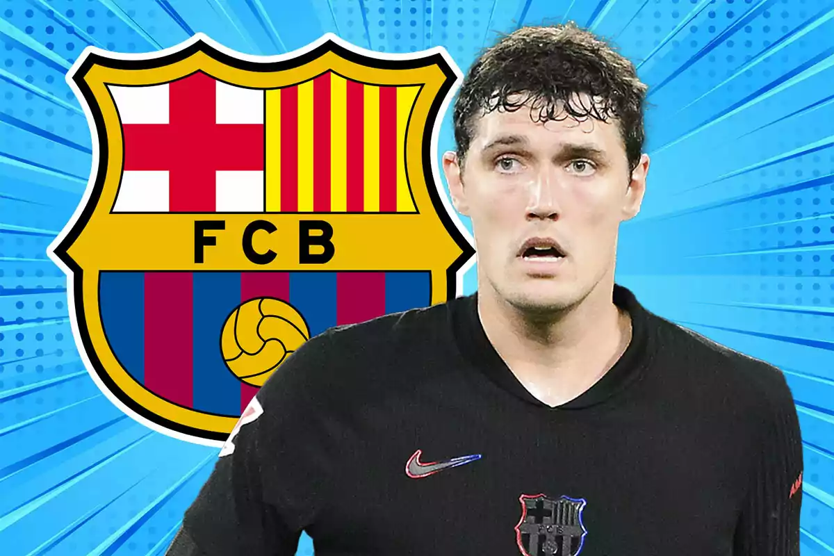 Futbolista con camiseta negra del FC Barcelona frente al escudo del club sobre un fondo azul llamativo