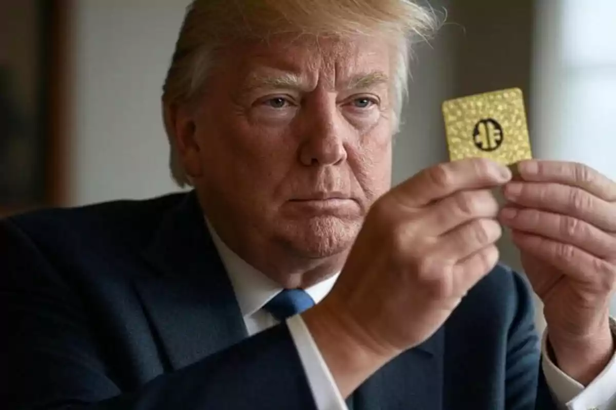 Man in a suit holding a gold card with both hands and looking at it closely