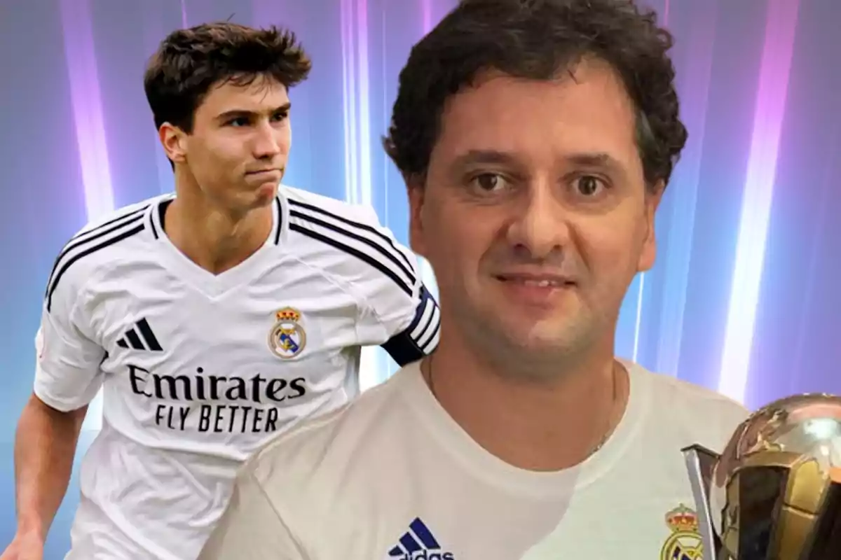 Dos personas con camisetas del Real Madrid, una de ellas sosteniendo un trofeo y la otra en actitud deportiva, con un fondo de luces en tonos morados y azules.