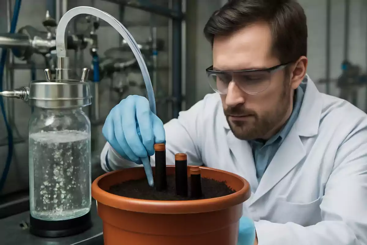 Científico con bata y guantes azules manipulando tubos en una maceta con tierra dentro de un laboratorio Científico con bata y guantes azules manipulando tubos en una maceta con tierra dentro de un laboratorio