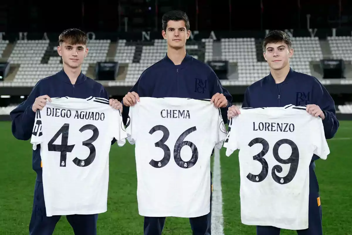 Tres jóvenes futbolistas posan en un estadio sosteniendo camisetas blancas con los nombres Diego Aguado, Chema y Lorenzo junto a los números 43, 36 y 39 respectivamente Tres jóvenes futbolistas posan en un estadio sosteniendo camisetas blancas con los nombres Diego Aguado, Chema y Lorenzo junto a los números 43, 36 y 39 respectivamente