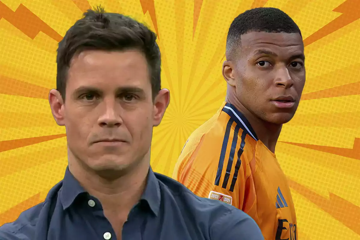 Dos hombres en primer plano con fondo amarillo de rayos estilizados, uno viste camisa azul y el otro un uniforme deportivo naranja