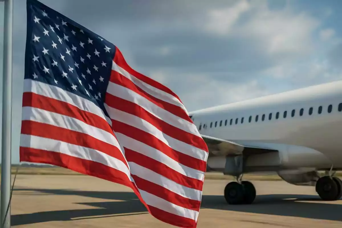 Bandera de Estados Unidos ondeando frente a un avión en una pista de aeropuerto