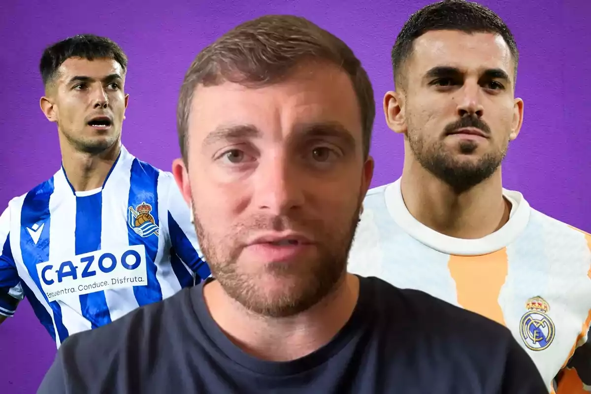 Tres hombres aparecen frente a un fondo morado, uno lleva una camiseta de la Real Sociedad, otro una del Real Madrid y el tercero está en primer plano con camiseta oscura.