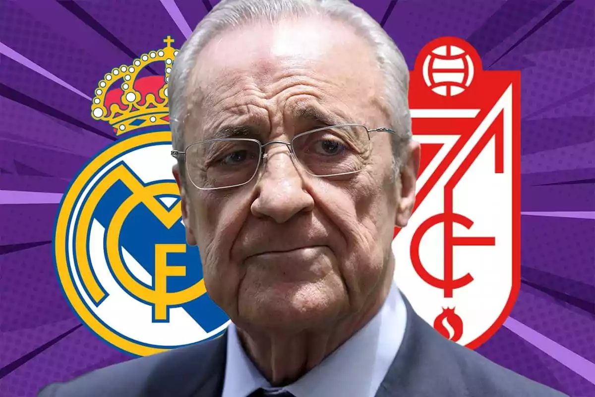 Older man with glasses in the foreground with the Real Madrid and Granada CF crests in the background on a design in purple tones