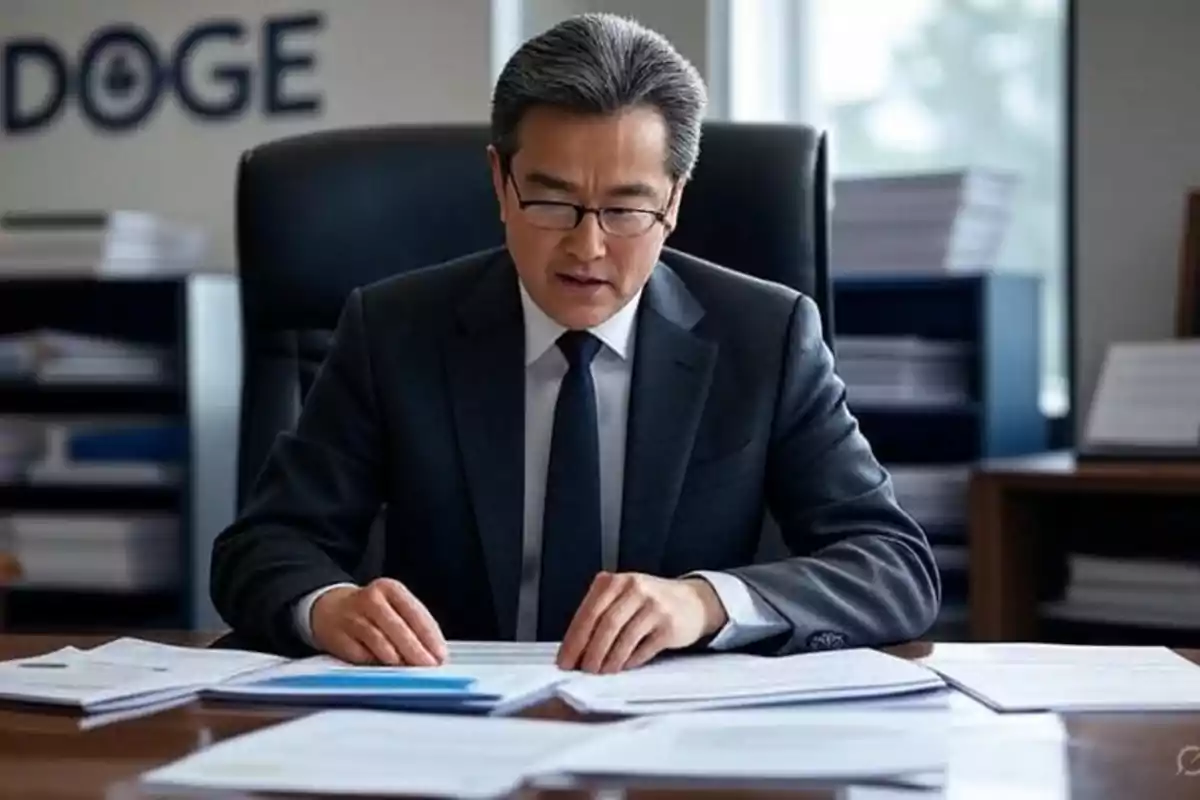 Hombre de traje y gafas revisando documentos en una oficina moderna con estantes y ventanas al fondo Hombre de traje y gafas revisando documentos en una oficina moderna con estantes y ventanas al fondo