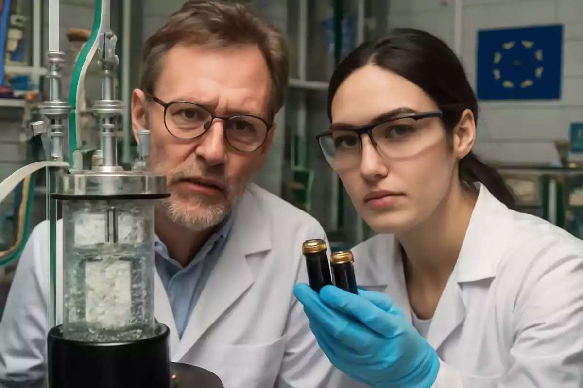 Dos científicos con bata y gafas de seguridad observan un experimento en un laboratorio mientras una de ellos sostiene dos frascos pequeños con guantes azules