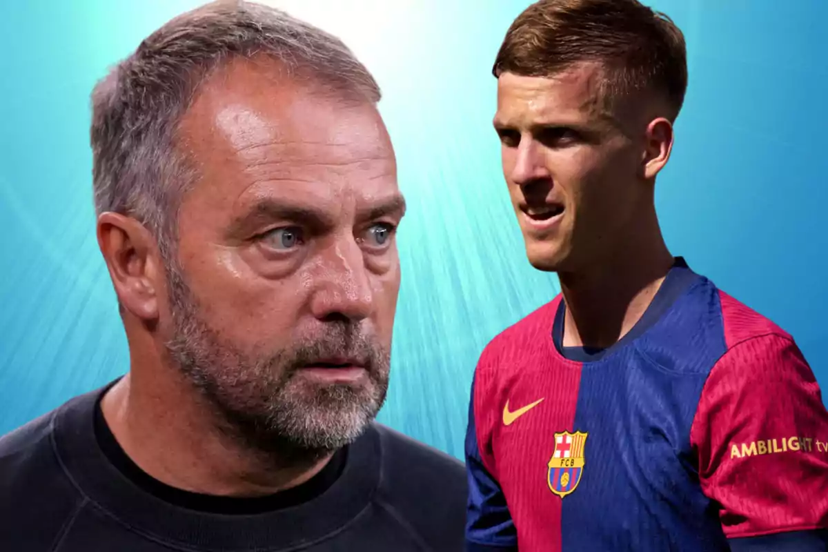 Un hombre de cabello canoso y barba mira al frente mientras otro hombre con camiseta del Barcelona aparece a su lado sobre un fondo azul