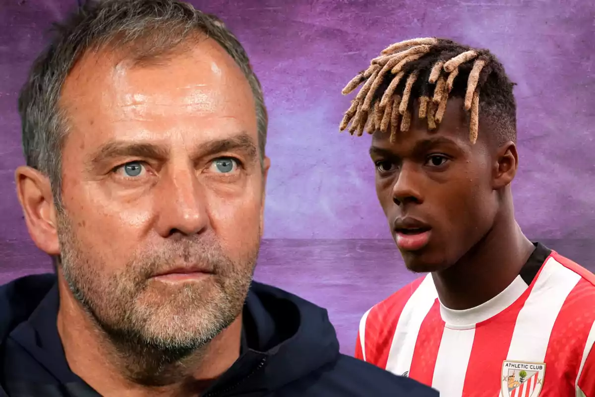Un hombre de cabello canoso y barba mira al frente mientras al fondo aparece un joven futbolista con camiseta rojiblanca del Athletic Club sobre un fondo morado.