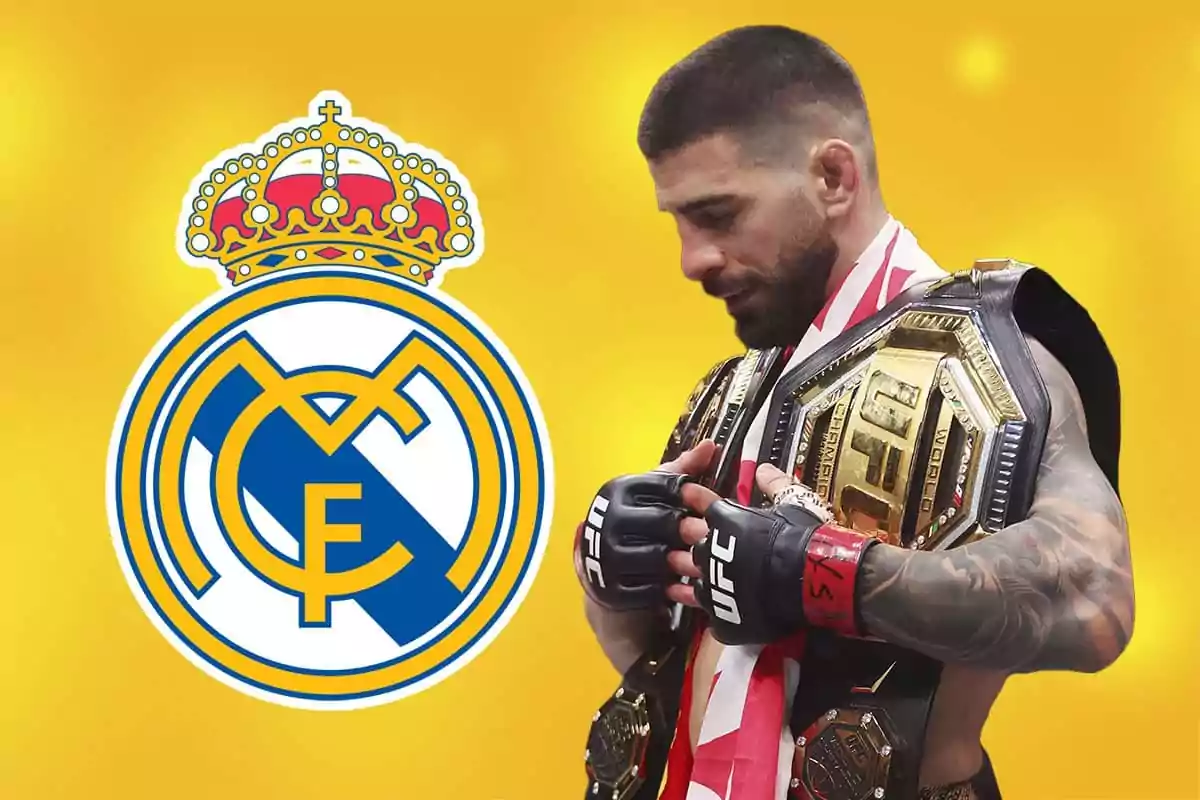 Un peleador de artes marciales mixtas con cinturones de campeón y guantes de UFC está junto al escudo del Real Madrid sobre un fondo amarillo
