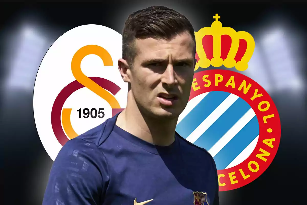 Futbolista con camiseta azul marino frente a los escudos de Galatasaray y Espanyol