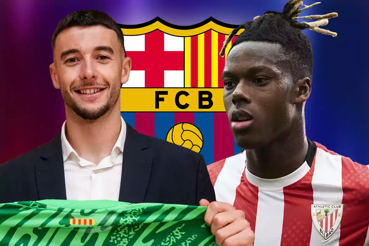 Dos futbolistas frente al escudo del FC Barcelona uno de ellos con una camiseta verde y el otro con el uniforme del Athletic Club de Bilbao