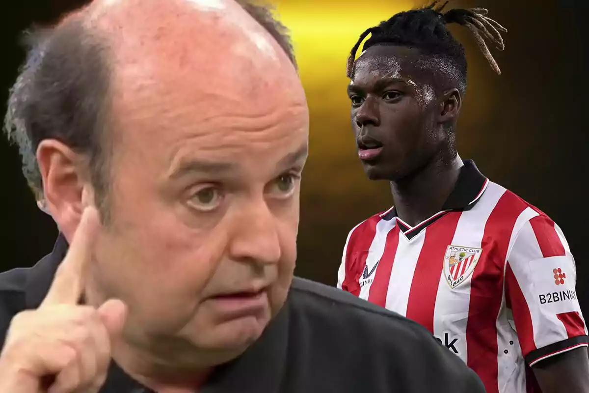Un hombre calvo señalando con el dedo y al fondo un futbolista con camiseta del Athletic Club de Bilbao