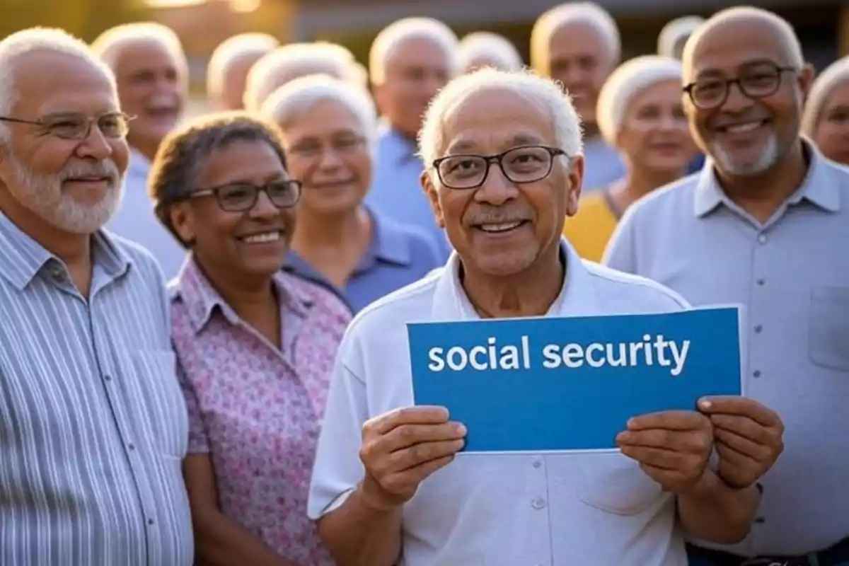 Grupo de personas mayores sonrientes con un hombre al frente sosteniendo un cartel azul que dice social security