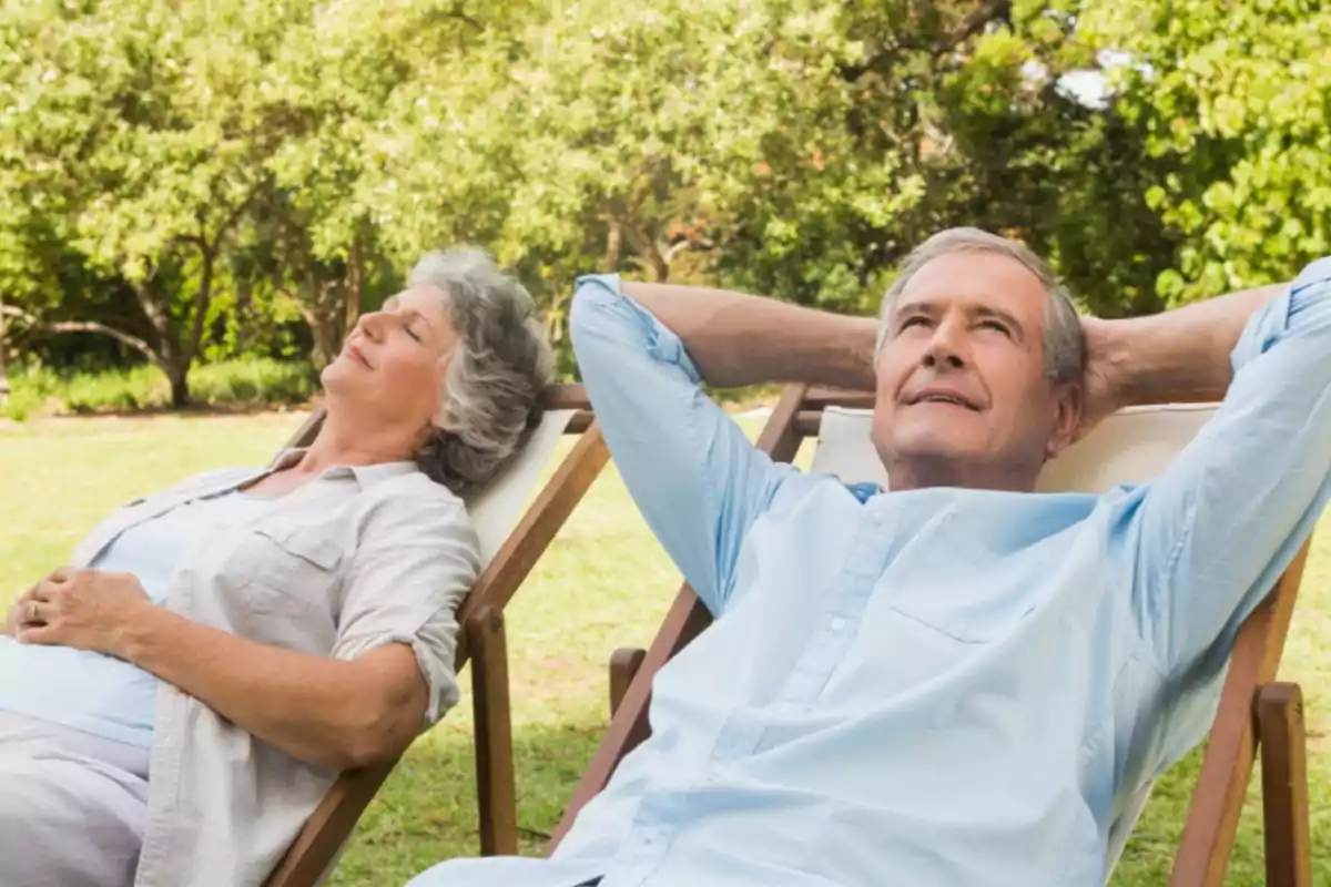 Pareja de personas mayores relajándose en sillas reclinables al aire libre en un día soleado Pareja de personas mayores relajándose en sillas reclinables al aire libre en un día soleado