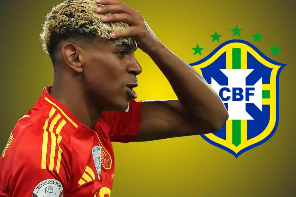 Futbolista con uniforme rojo y detalles amarillos se lleva la mano a la cabeza con el escudo de la selección de Brasil al fondo sobre un fondo amarillo difuminado