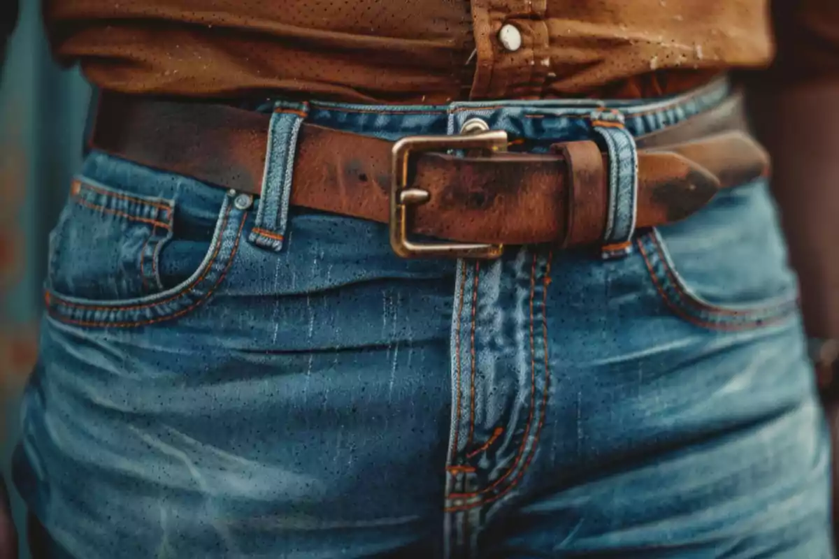 Cinturón de cuero marrón en un pantalón de mezclilla azul con camisa marrón Cinturón de cuero marrón en un pantalón de mezclilla azul con camisa marrón