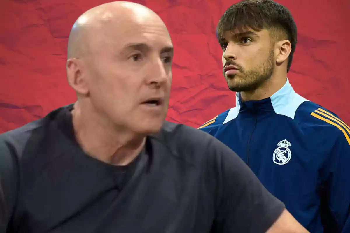 Un hombre calvo en primer plano y un futbolista con chaqueta del Real Madrid al fondo sobre un fondo rojo.