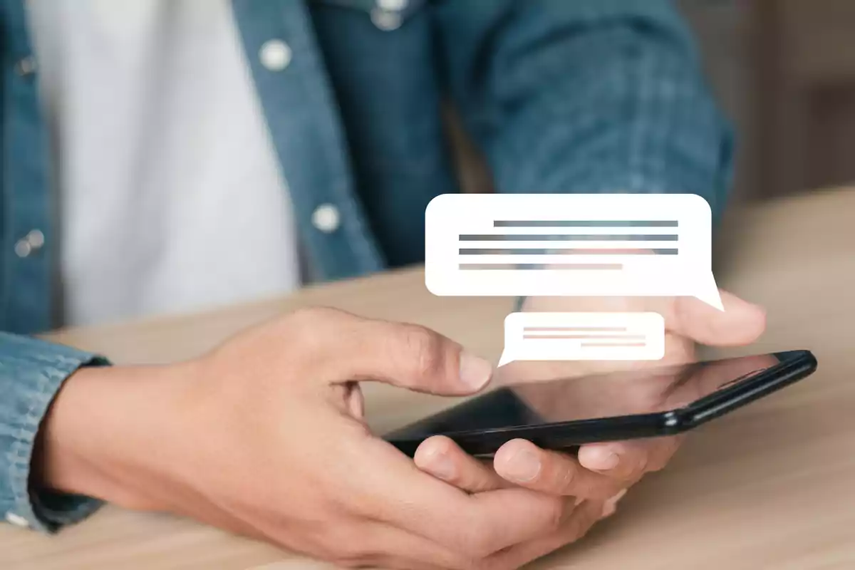 Persona usando un teléfono móvil mientras envía y recibe mensajes de texto digitales Persona usando un teléfono móvil mientras envía y recibe mensajes de texto digitales