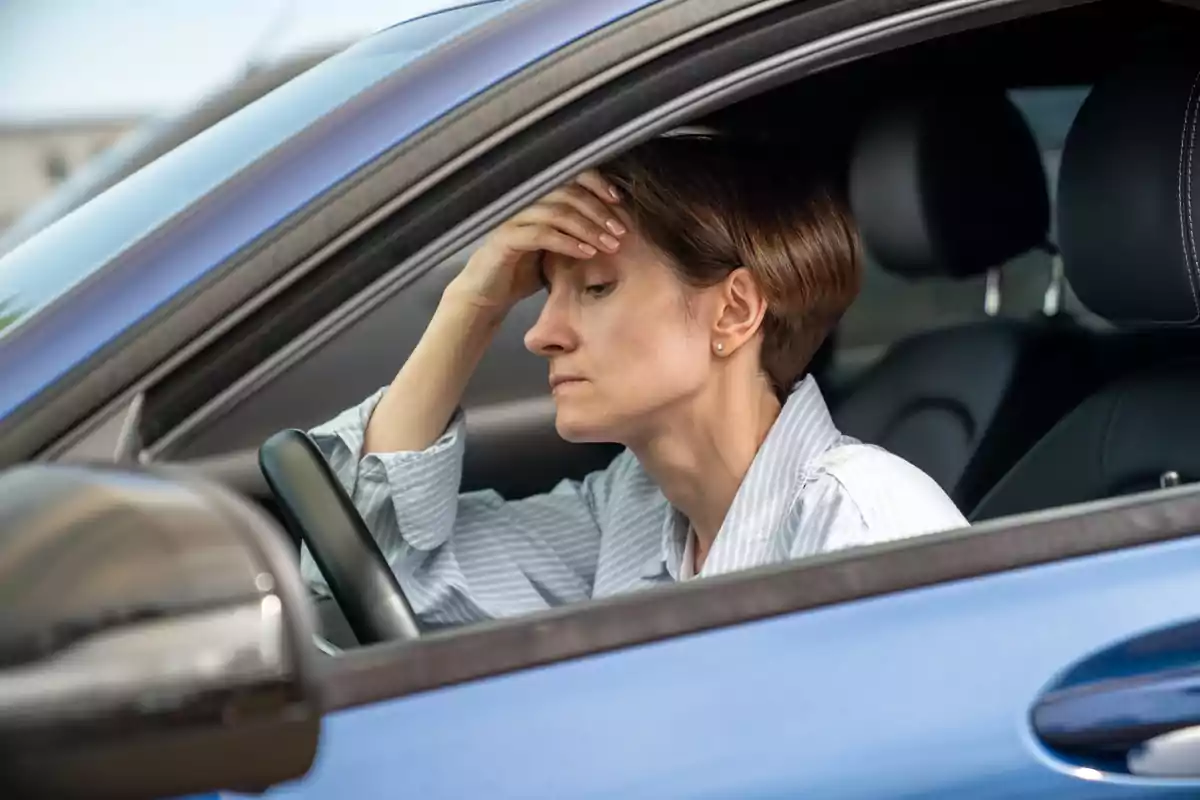 Mujer sentada en un auto con expresión de cansancio o estrés apoyando la cabeza en su mano Mujer sentada en un auto con expresión de cansancio o estrés apoyando la cabeza en su mano