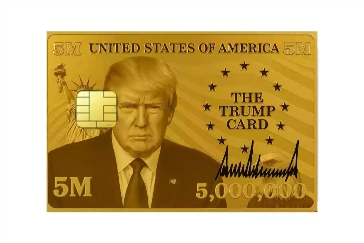 Golden card featuring the image of a man in a suit, the Statue of Liberty in the background, an electronic chip, and the text Golden card featuring the image of a man in a suit, the Statue of Liberty in the background, an electronic chip, and the text