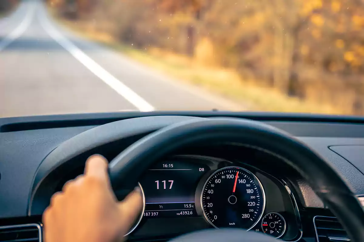 Persona conduciendo un automóvil por una carretera con el velocímetro marcando 117 km/h y árboles al fondo Persona conduciendo un automóvil por una carretera con el velocímetro marcando 117 km/h y árboles al fondo