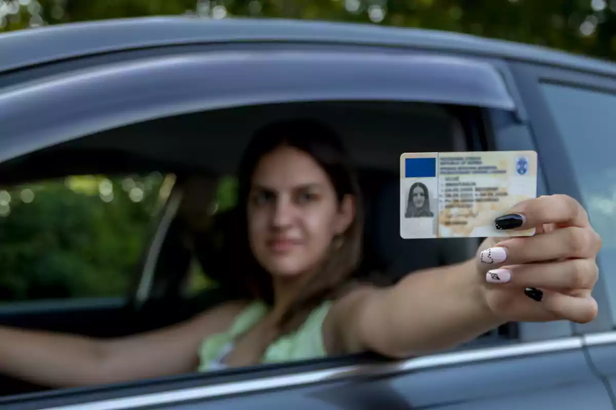 Mujer sentada en un coche mostrando su licencia de conducir hacia la cámara Mujer sentada en un coche mostrando su licencia de conducir hacia la cámara