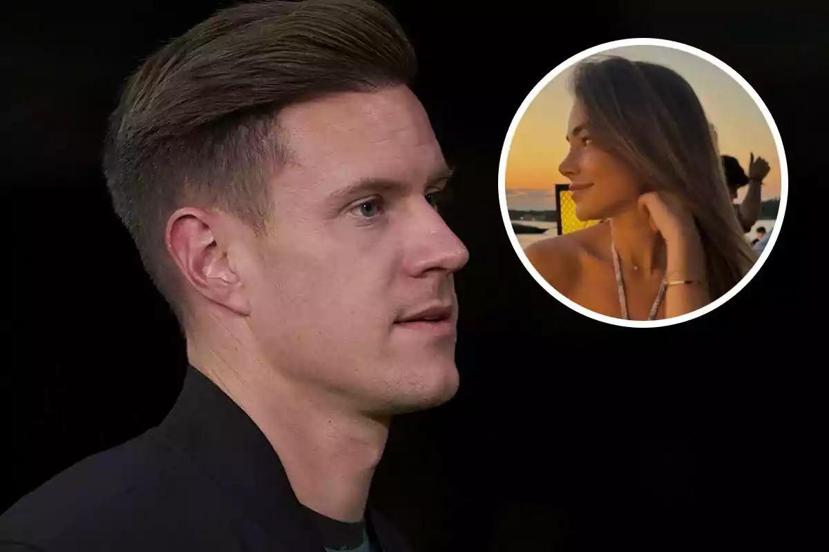 Hombre de perfil con fondo oscuro y un recuadro circular mostrando a una mujer mirando hacia la derecha al atardecer