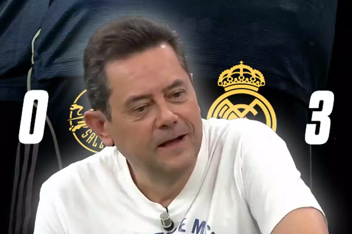 Hombre con expresión seria al frente de un marcador de fútbol que muestra una victoria de 3 a 0 del Real Madrid sobre otro equipo