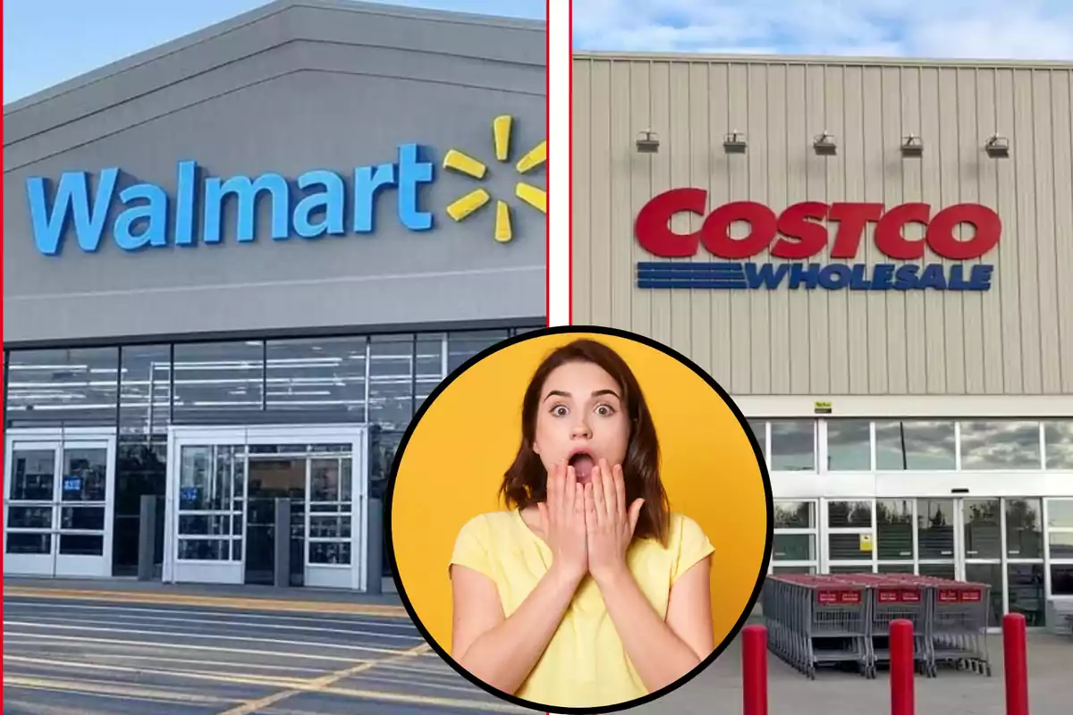 Fachadas de Walmart y Costco con una mujer sorprendida en el centro