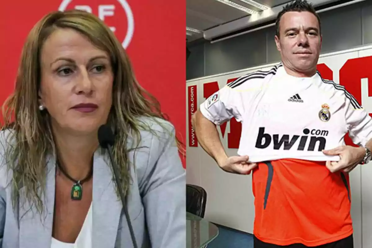 Una mujer con cabello rubio y un hombre con camiseta del Real Madrid aparecen en una imagen dividida en dos partes Una mujer con cabello rubio y un hombre con camiseta del Real Madrid aparecen en una imagen dividida en dos partes