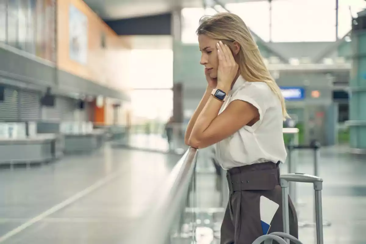 Mujer joven con expresión de preocupación apoyada en una barandilla en un aeropuerto junto a su maleta Mujer joven con expresión de preocupación apoyada en una barandilla en un aeropuerto junto a su maleta