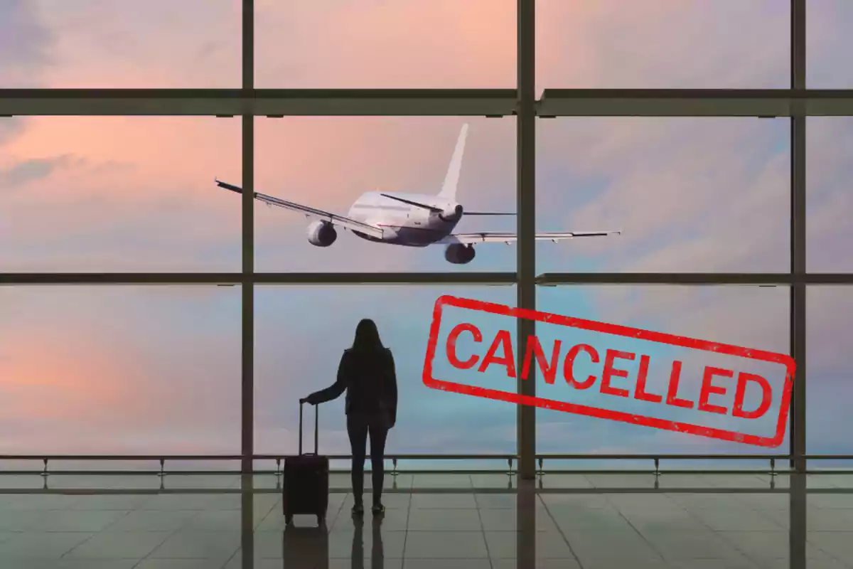 Persona con maleta observando un avión despegando a través de una ventana en el aeropuerto con un sello rojo de cancelado Persona con maleta observando un avión despegando a través de una ventana en el aeropuerto con un sello rojo de cancelado