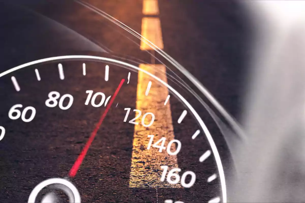 Velocímetro de automóvil marcando más de 100 kilómetros por hora con una carretera al fondo Velocímetro de automóvil marcando más de 100 kilómetros por hora con una carretera al fondo