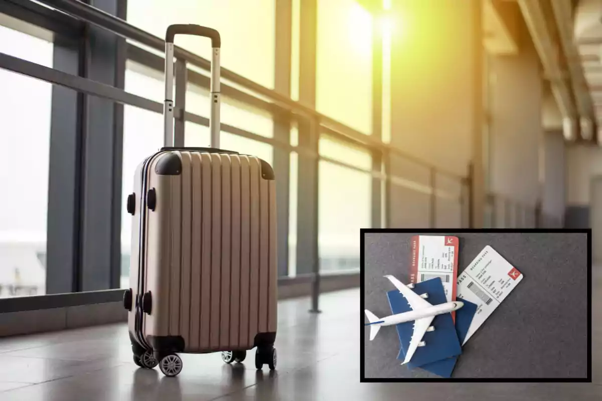 Maleta de viaje en un aeropuerto junto a una imagen insertada de boletos de avión, pasaportes y un avión de juguete