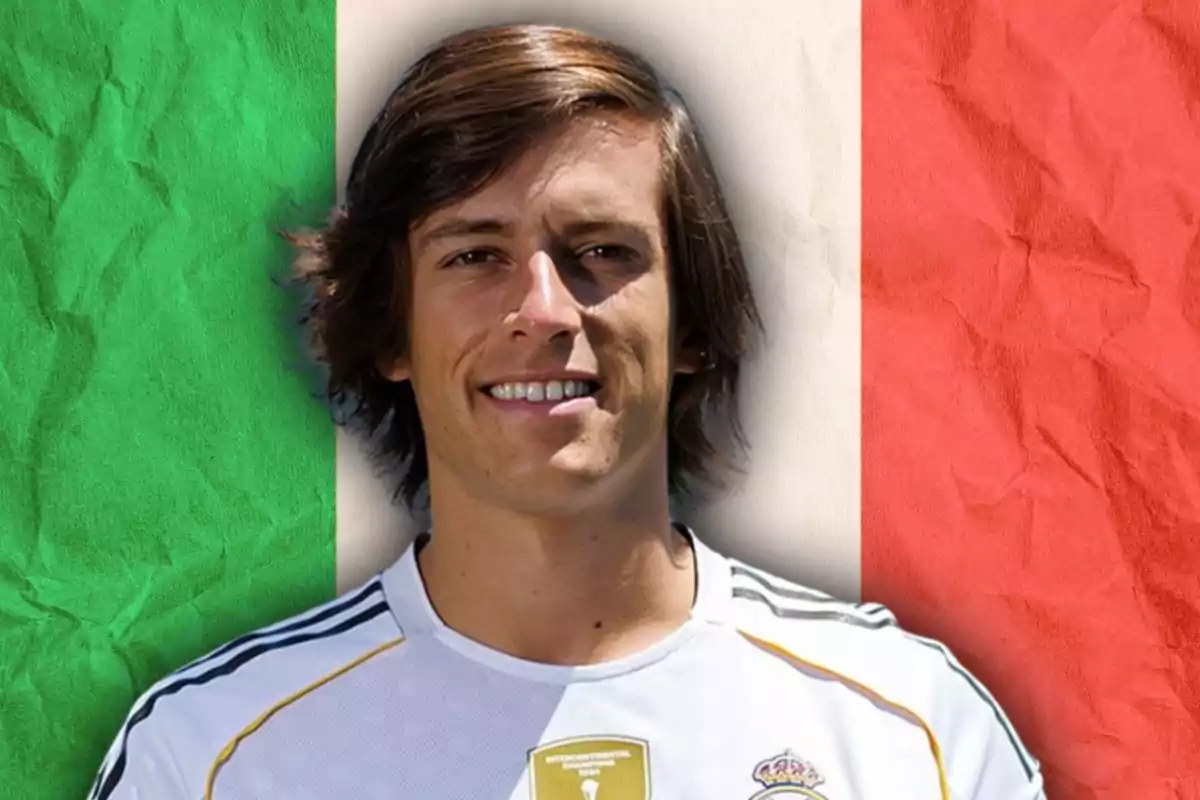 Young man in a white soccer jersey posing in front of an Italian flag
