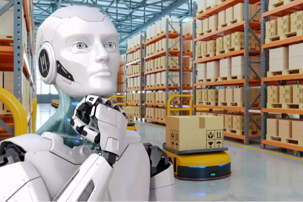 Un robot humanoide pensativo en un almacén automatizado con estanterías llenas de cajas y un robot transportando una caja Un robot humanoide pensativo en un almacén automatizado con estanterías llenas de cajas y un robot transportando una caja