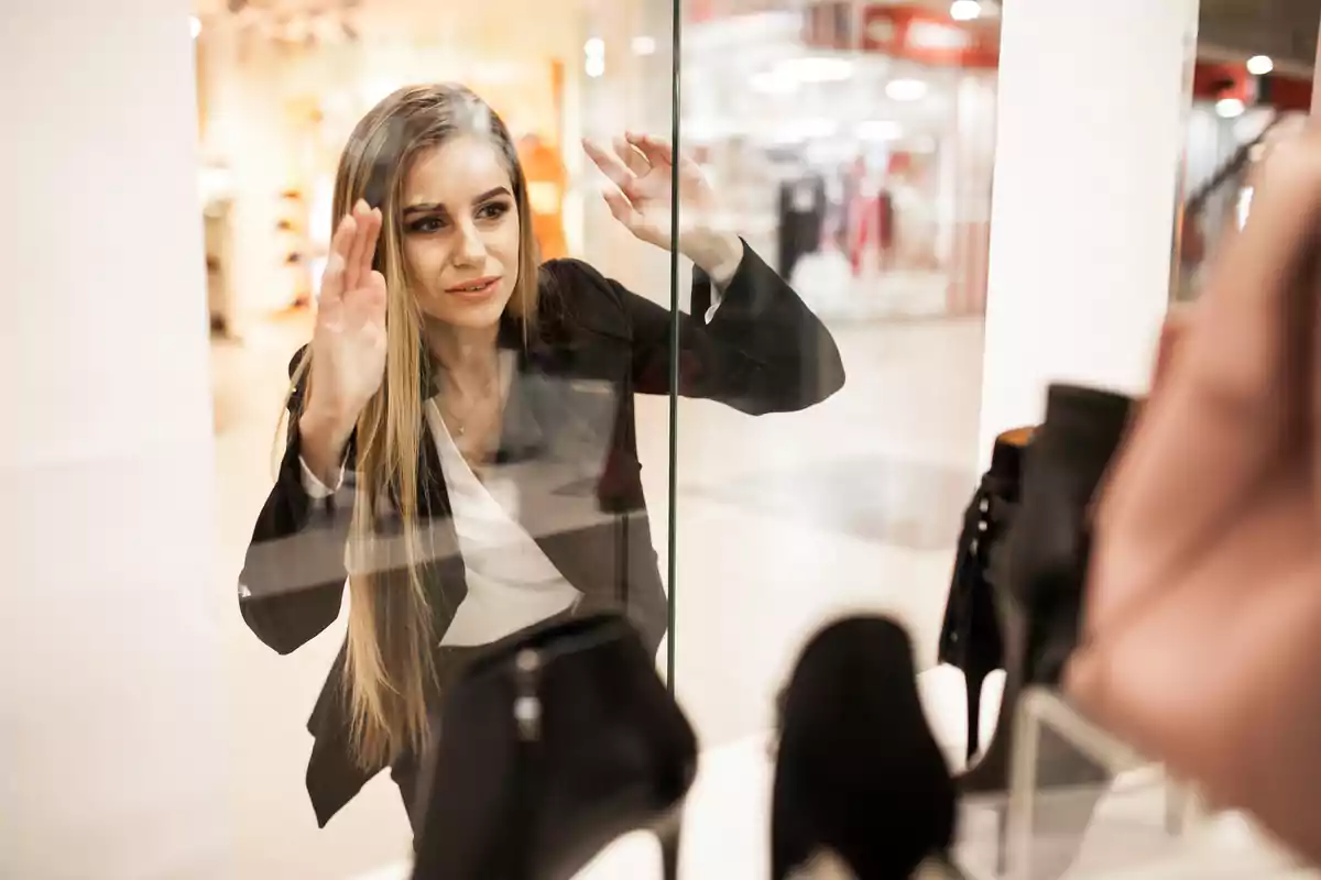 Mujer observando zapatos en el escaparate de una tienda dentro de un centro comercial Mujer observando zapatos en el escaparate de una tienda dentro de un centro comercial