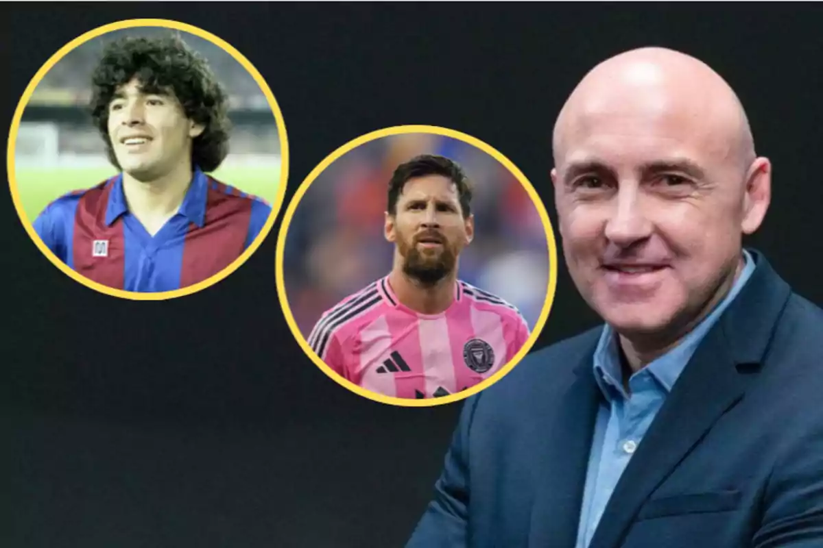 Three men, two of them outlined in yellow circles—one wearing a blue and red jersey, another in a pink jersey—and a bald man in a blue jacket on the right side.