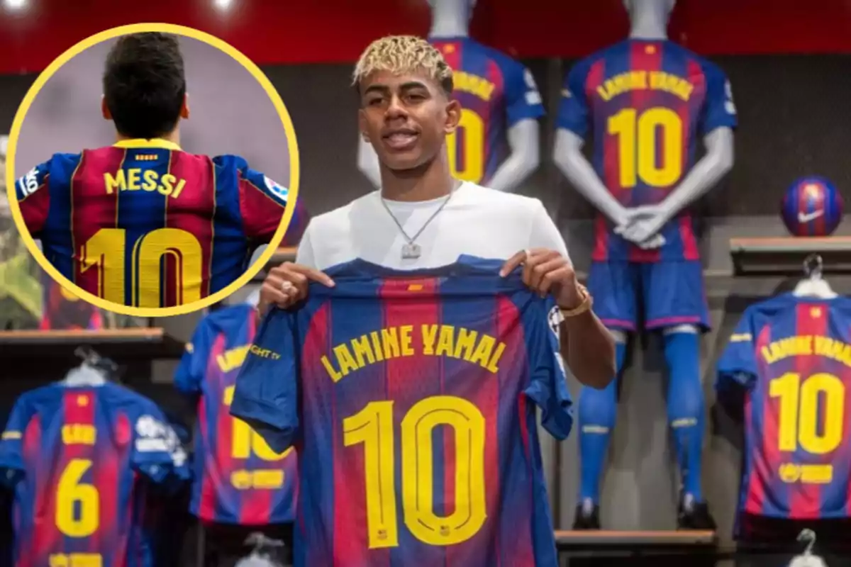 A young player holds a Barcelona jersey with the number 10 and his name, Lamine Yamal, while in the corner there is an image of Messi’s back with the same number.