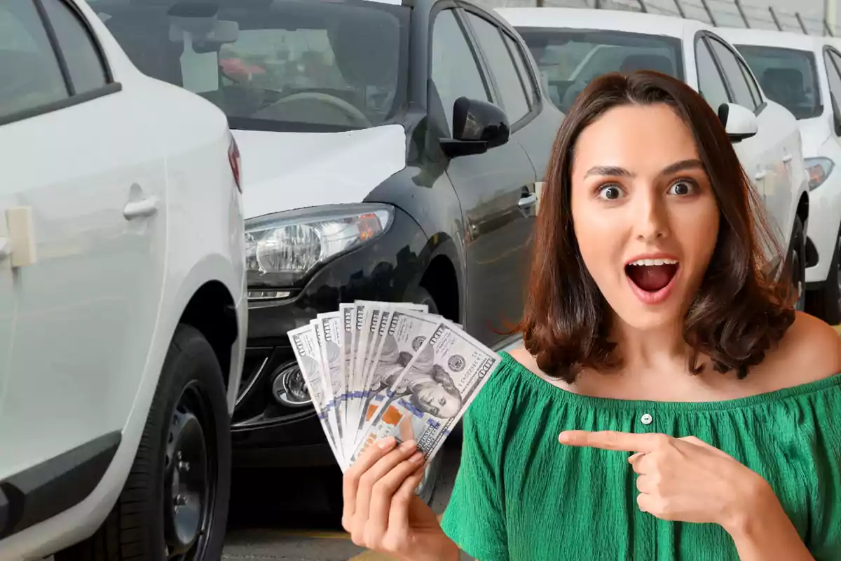 Mujer sorprendida sostiene billetes de cien dólares y señala el dinero mientras está frente a una fila de autos nuevos