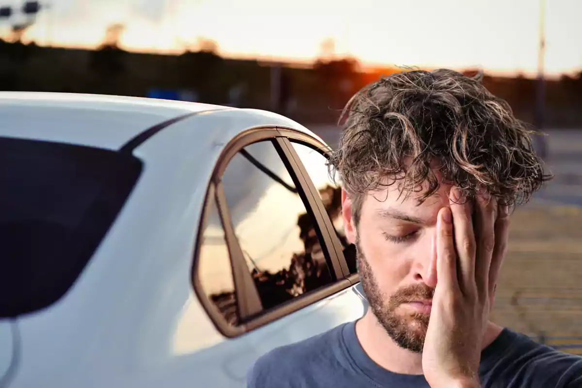 Hombre con expresión de cansancio apoyado en un coche blanco al atardecer