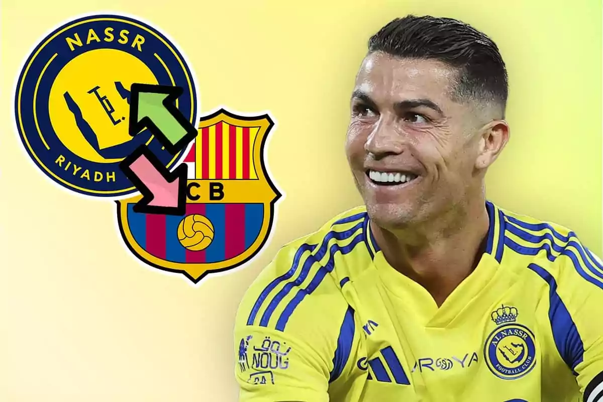 Futbolista con uniforme amarillo sonríe junto a los escudos de Al Nassr y Barcelona con flechas de transferencia entre ellos