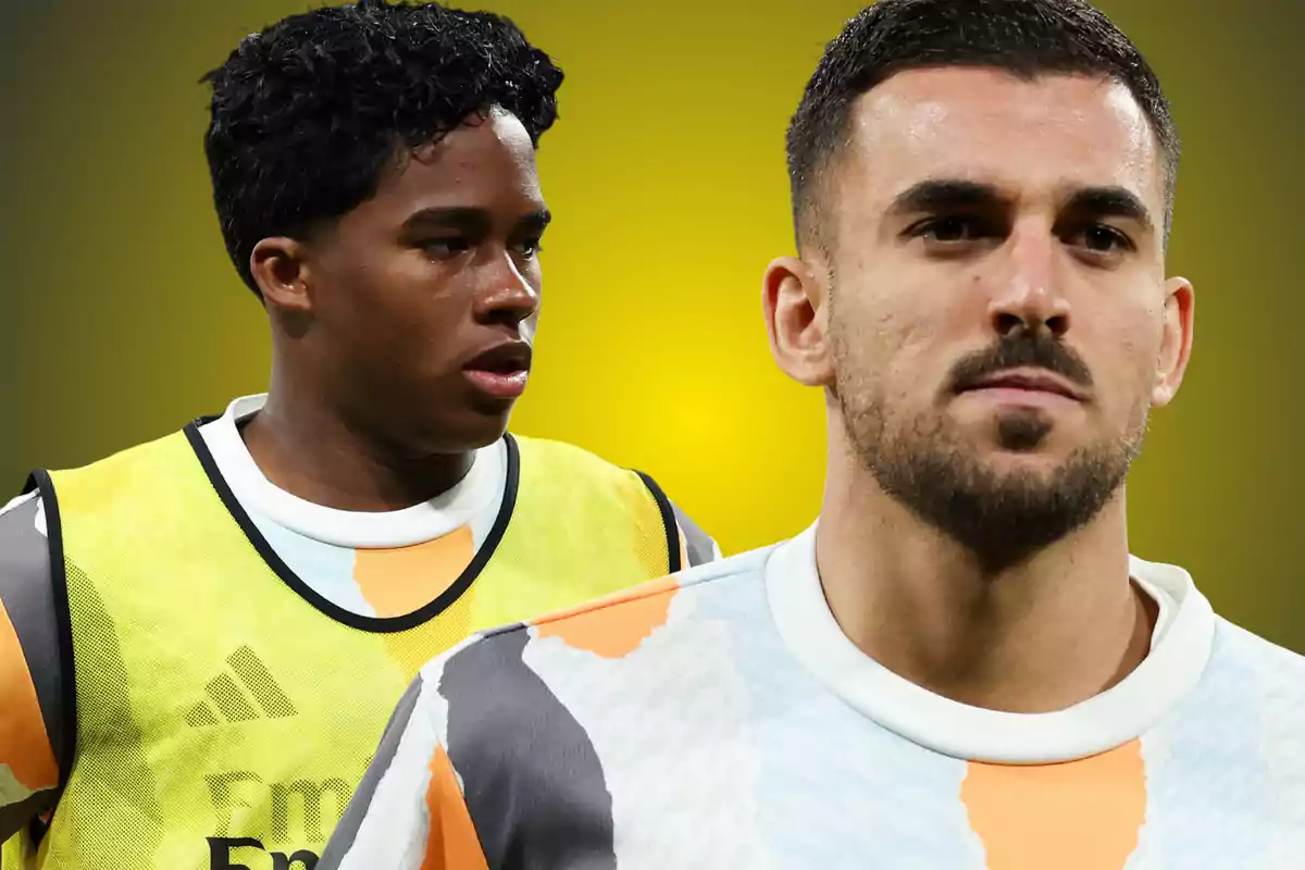 Dos futbolistas con uniforme de entrenamiento posan frente a un fondo amarillo difuminado
